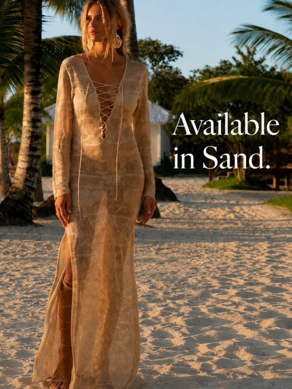 Crochet Knit Bohemian Lace Up Maxi Resort Beachside Cover-Up Split Thigh Dress - Picture 6 of 7